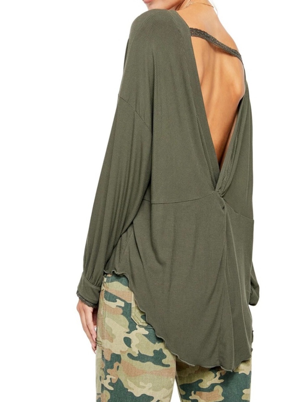 Free People Shimmy Shake Tunic Top Army Green Ribbed Open Back Boho